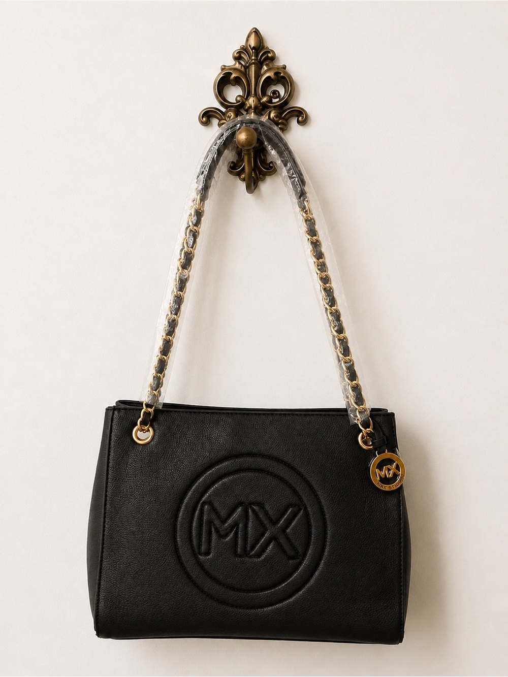Max Studio Black Tote with Gold Chain Handles